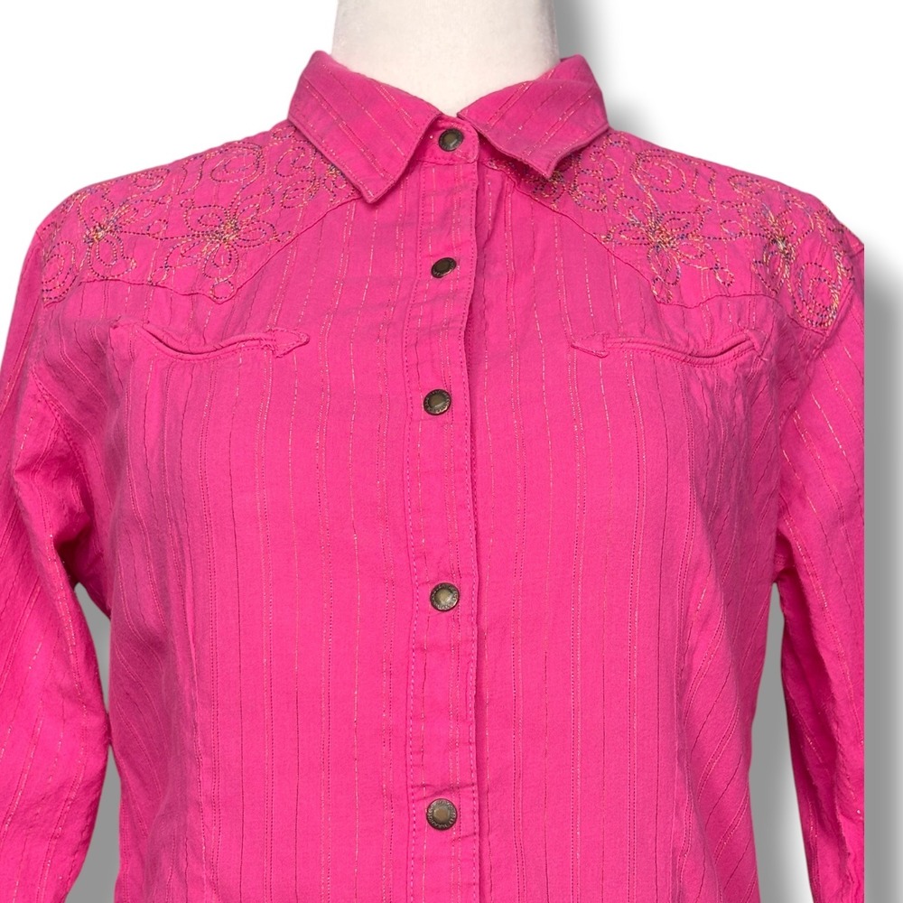 Wrangler Pink Western Shirt Embroidered Metallic Stripe Snap Front Cowgirl Top